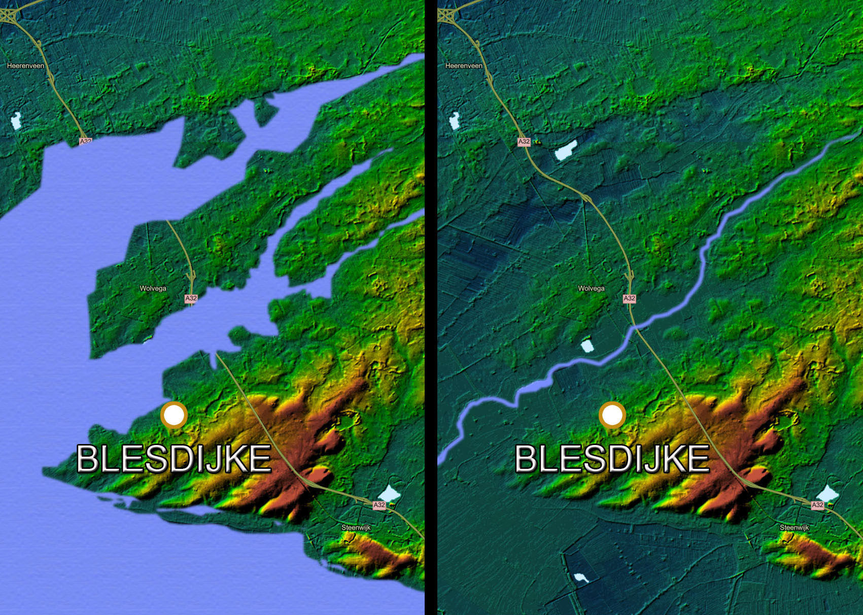 Hoogtekaart van het gebied rond Blesdijke