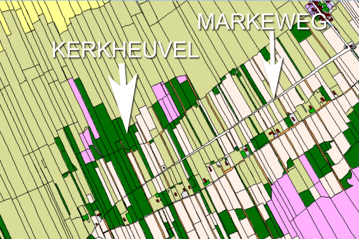 Kaart uit 1832 met de weg langs de Kerkheuvel